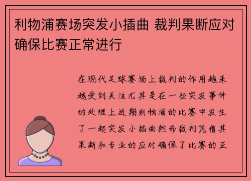 利物浦赛场突发小插曲 裁判果断应对确保比赛正常进行
