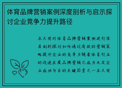 体育品牌营销案例深度剖析与启示探讨企业竞争力提升路径