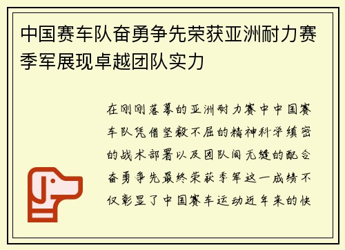 中国赛车队奋勇争先荣获亚洲耐力赛季军展现卓越团队实力